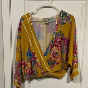 Flying Tomato Mustard Floral Wrap Crop Top